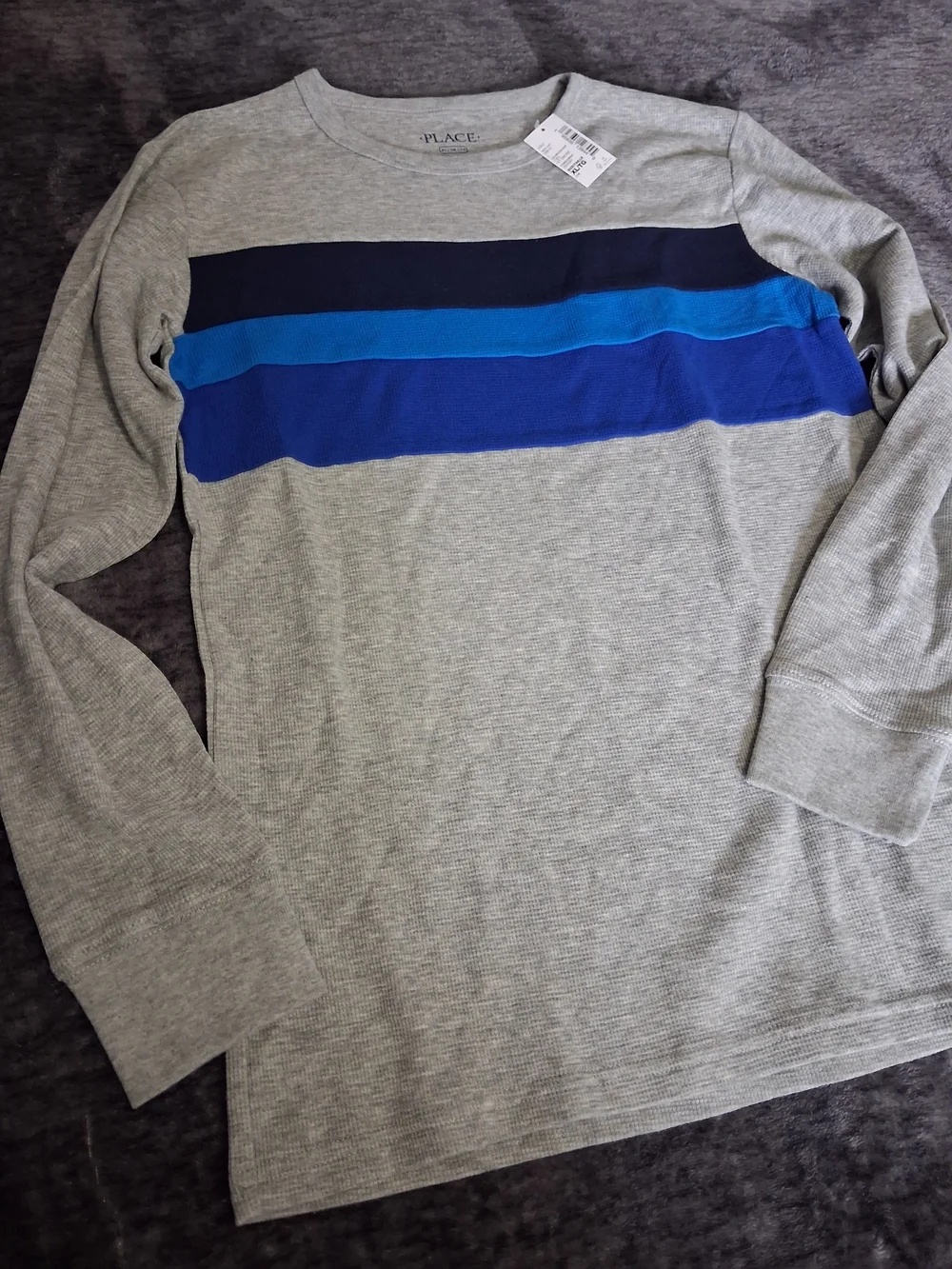 NWT The Childrens Place Boys Thermal Long Sleeve Shirt Gray/Blue Stripe XL 14